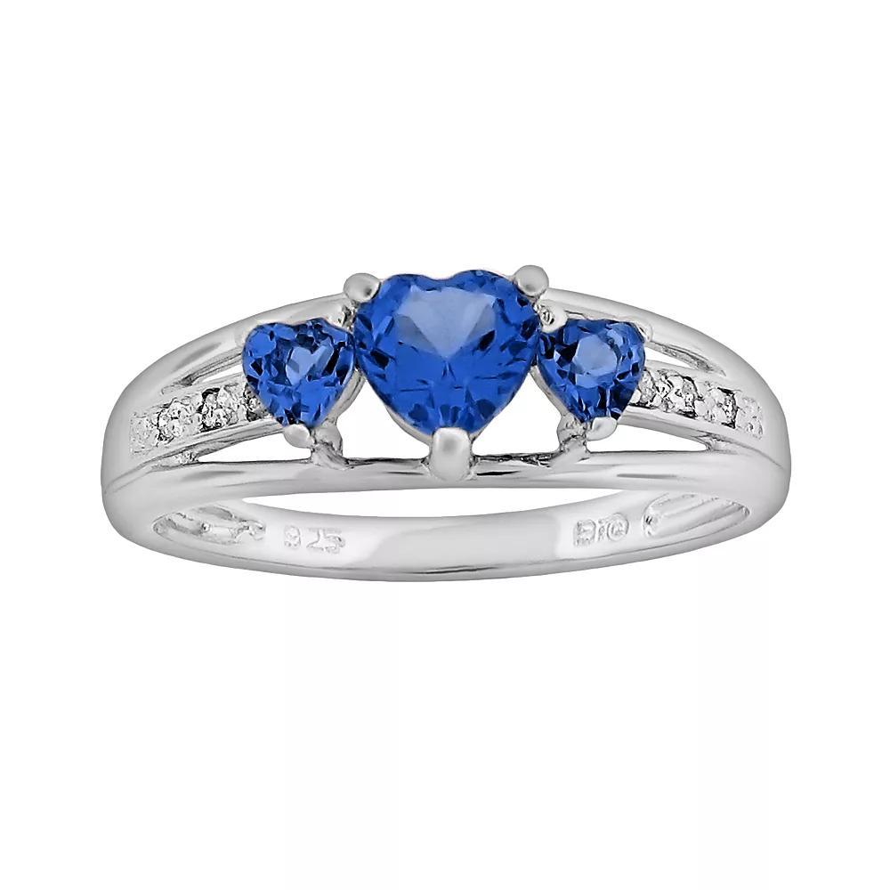 Gemminded Sterling Silver Lab-Created Sapphire and Diamond Accent Heart 3-Stone Ring, Women's, Size: 6, Blue Product Image