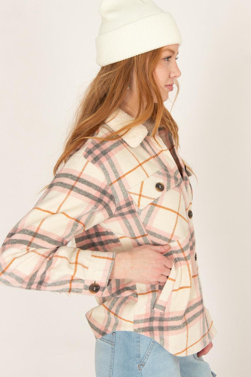 Ivory Sherpa Collar Plaid Trucker Jacket Product Image