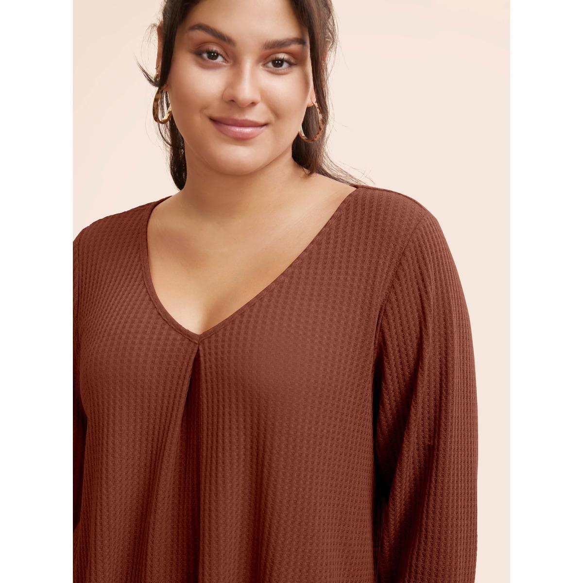 Plus Size Plain Waffle Knit Scoop Neck Plicated Detail T-shirt Rust Women Casual Non Plain V-neck Everyday T-shirts BloomChic 12/L Product Image