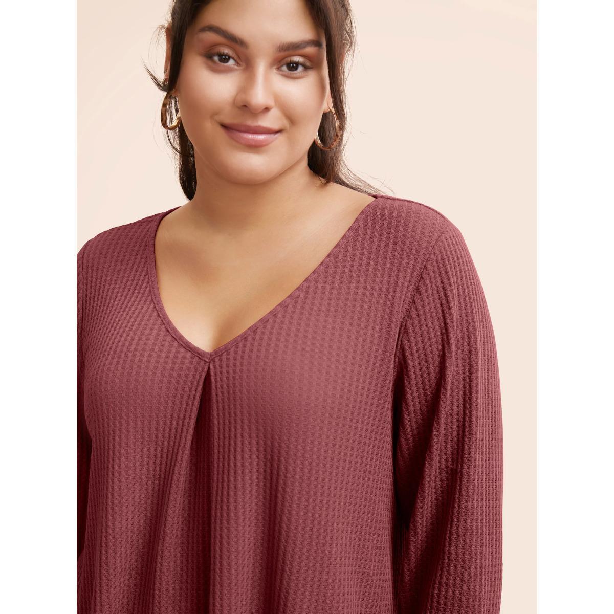 Plus Size Plain Waffle Knit Scoop Neck Plicated Detail T-shirt Russet Women Casual Non Plain V-neck Everyday T-shirts BloomChic 30/6X Product Image