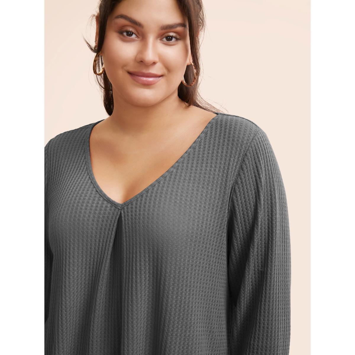 Plus Size Plain Waffle Knit Scoop Neck Plicated Detail T-shirt Russet Women Casual Non Plain V-neck Everyday T-shirts BloomChic 30/6X Product Image