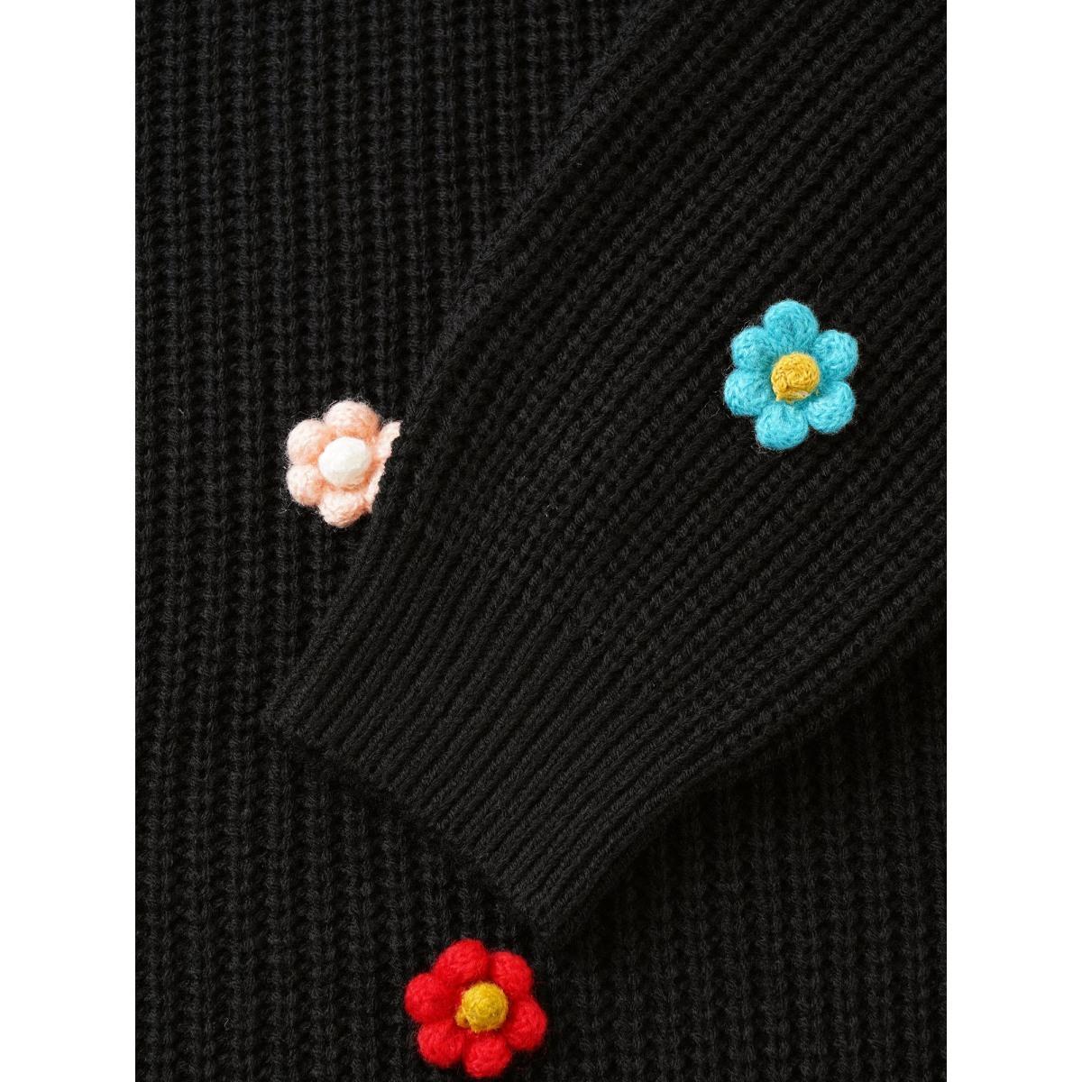 Plus Size Stereo Flower Design Round Neck Pullover Black Women Casual Long Sleeve Round Neck Everyday Pullovers BloomChic 12/L Product Image