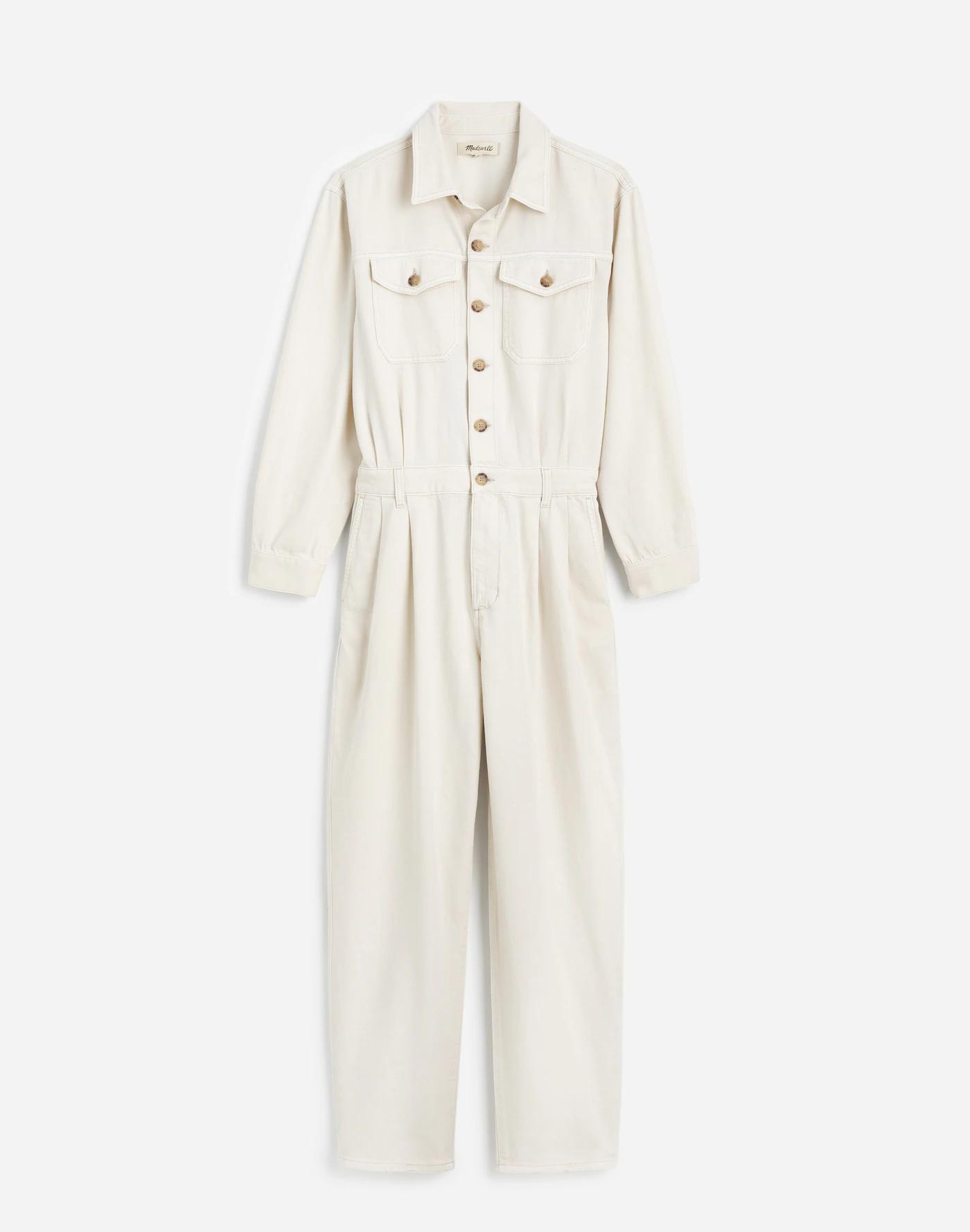 Denim Pleated Barrel-Leg Jumpsuit in Vintage Canvas Product Image