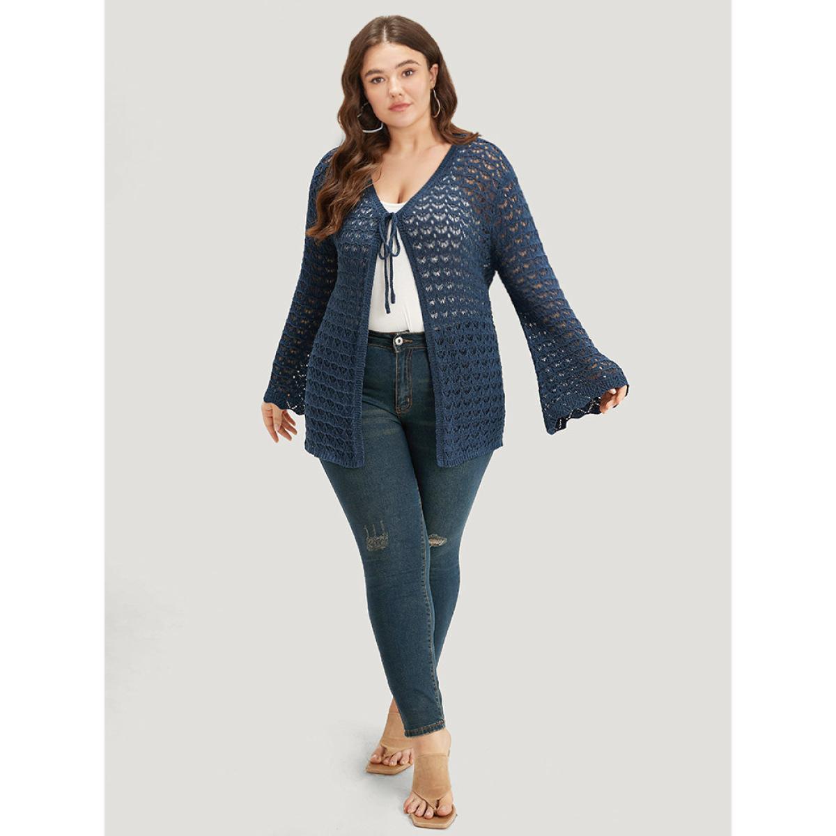 Plus Size Solid Eyelet Ties Front Bell Sleeve Cardigan Indigo Women Casual Loose Long Sleeve Dailywear Cardigans BloomChic 26/4X Product Image