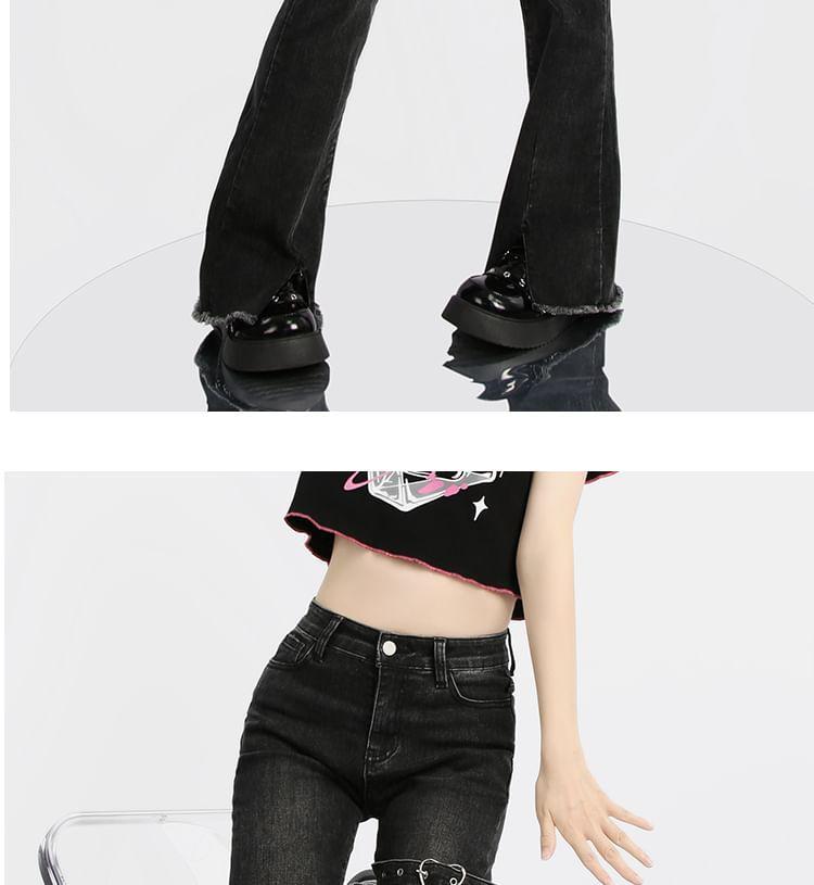 Low Rise Heart Buckled Washed Frayed Slit Flared Jeans Product Image