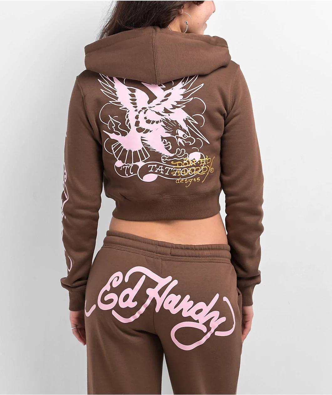 Ed Hardy Tiger Mountain Cocoa Crop Zip Hoodie Product Image