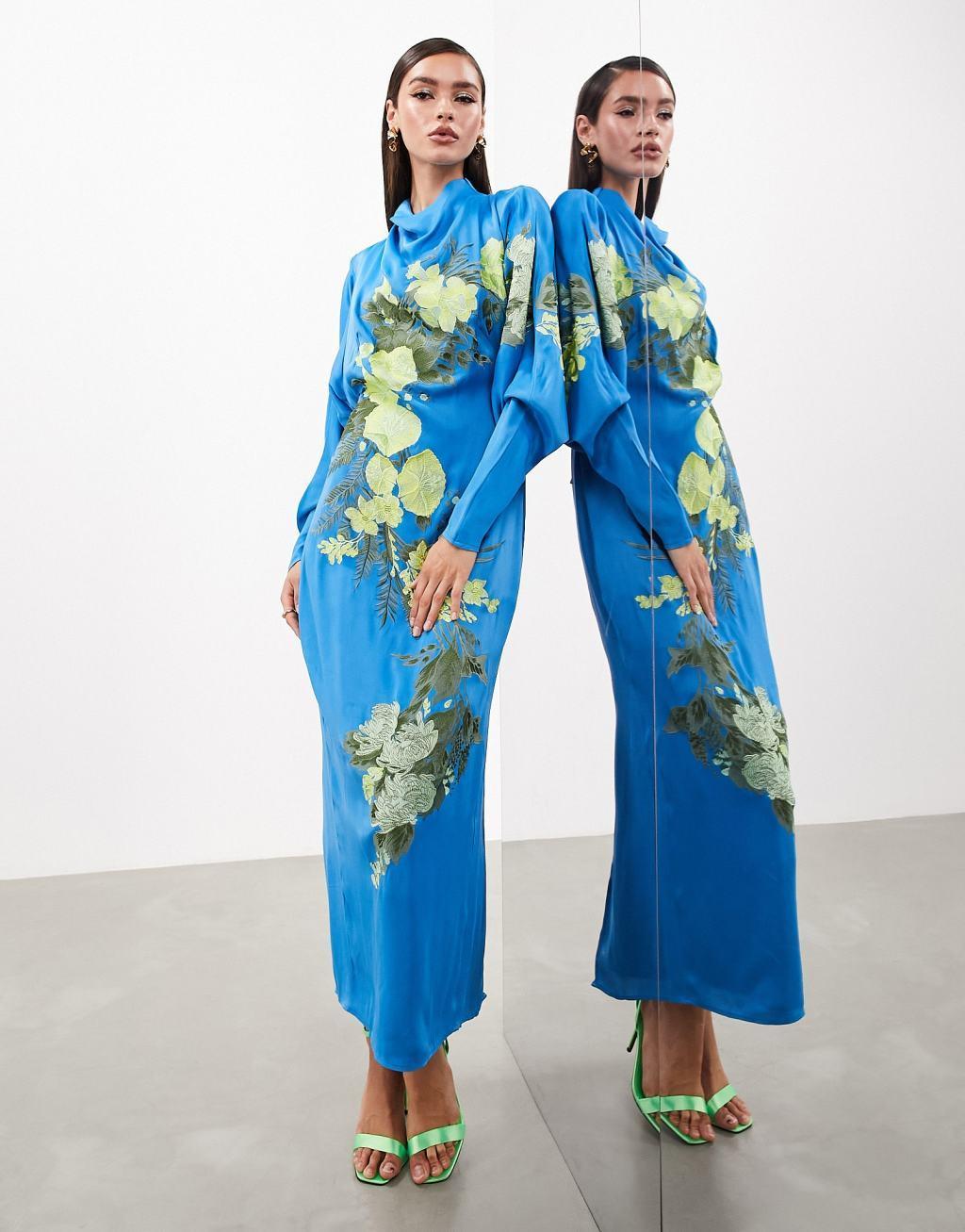 ASOS EDITION satin long sleeve embroidered midaxi dress with drawstring back Product Image