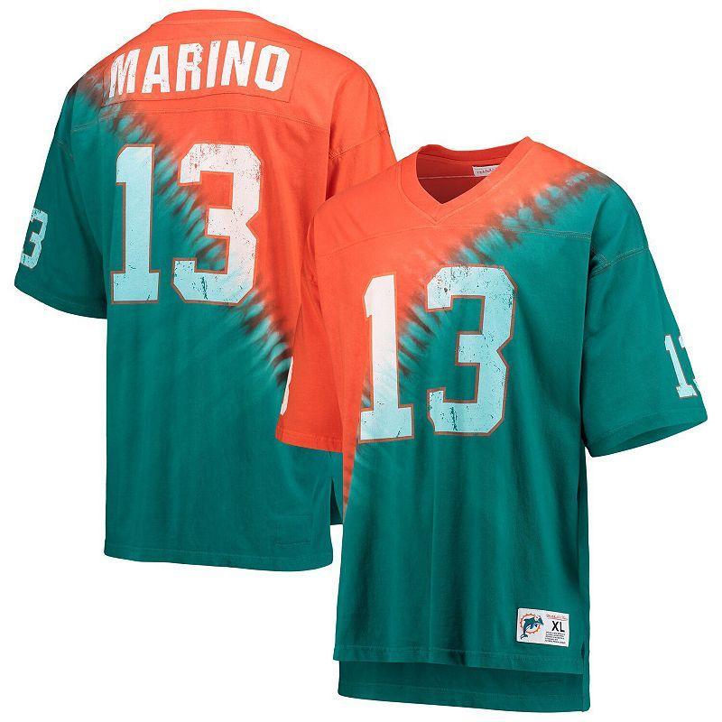 Men's Mitchell & Ness Dan Marino Orange/Aqua Miami Dolphins Retired Player Name & Number Diagonal Tie-Dye V-Neck T-Shirt, Size: Large Product Image