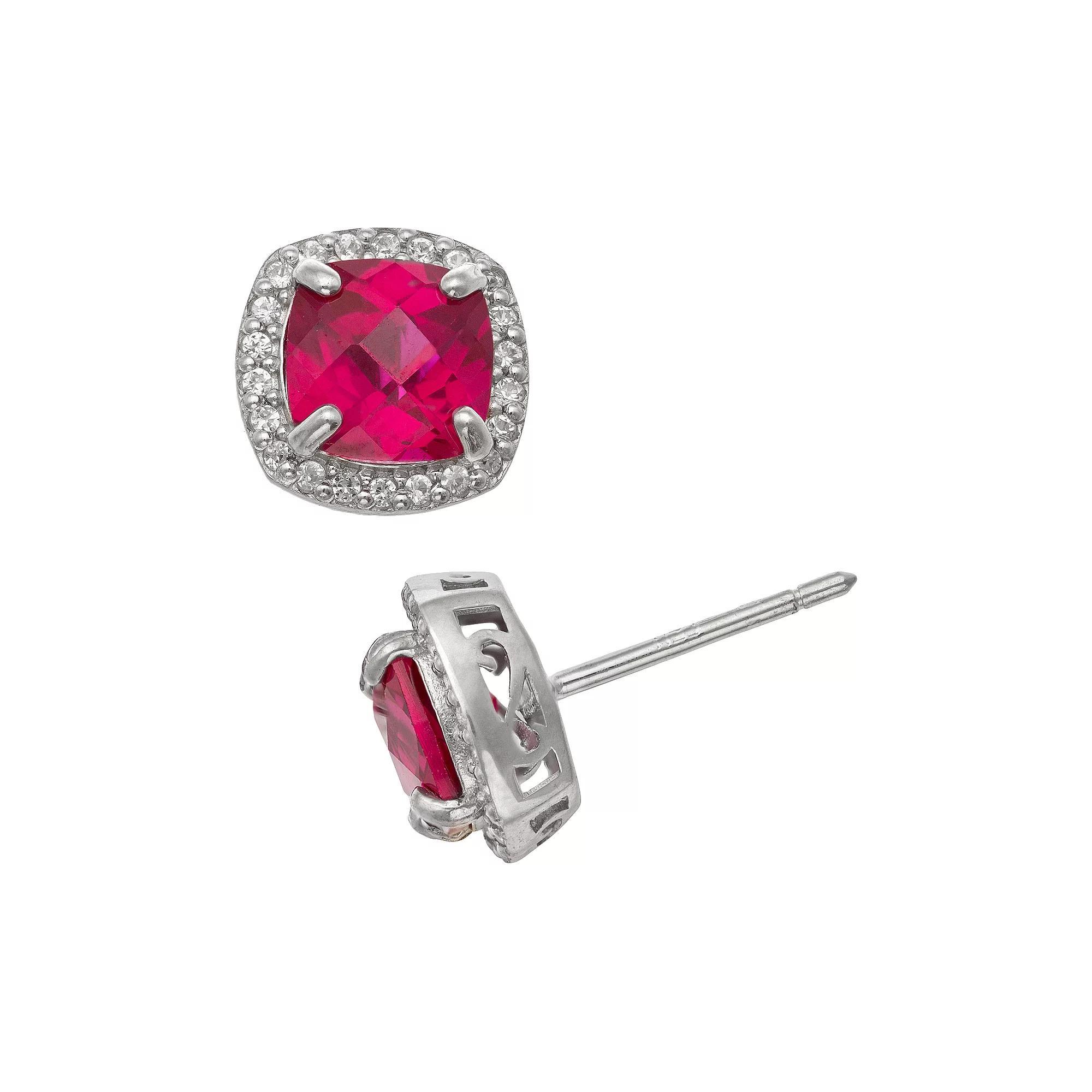 Sterling Silver Lab-Created Ruby and Lab-Created White Sapphire Halo Stud Earrings, Women's, Multi Product Image