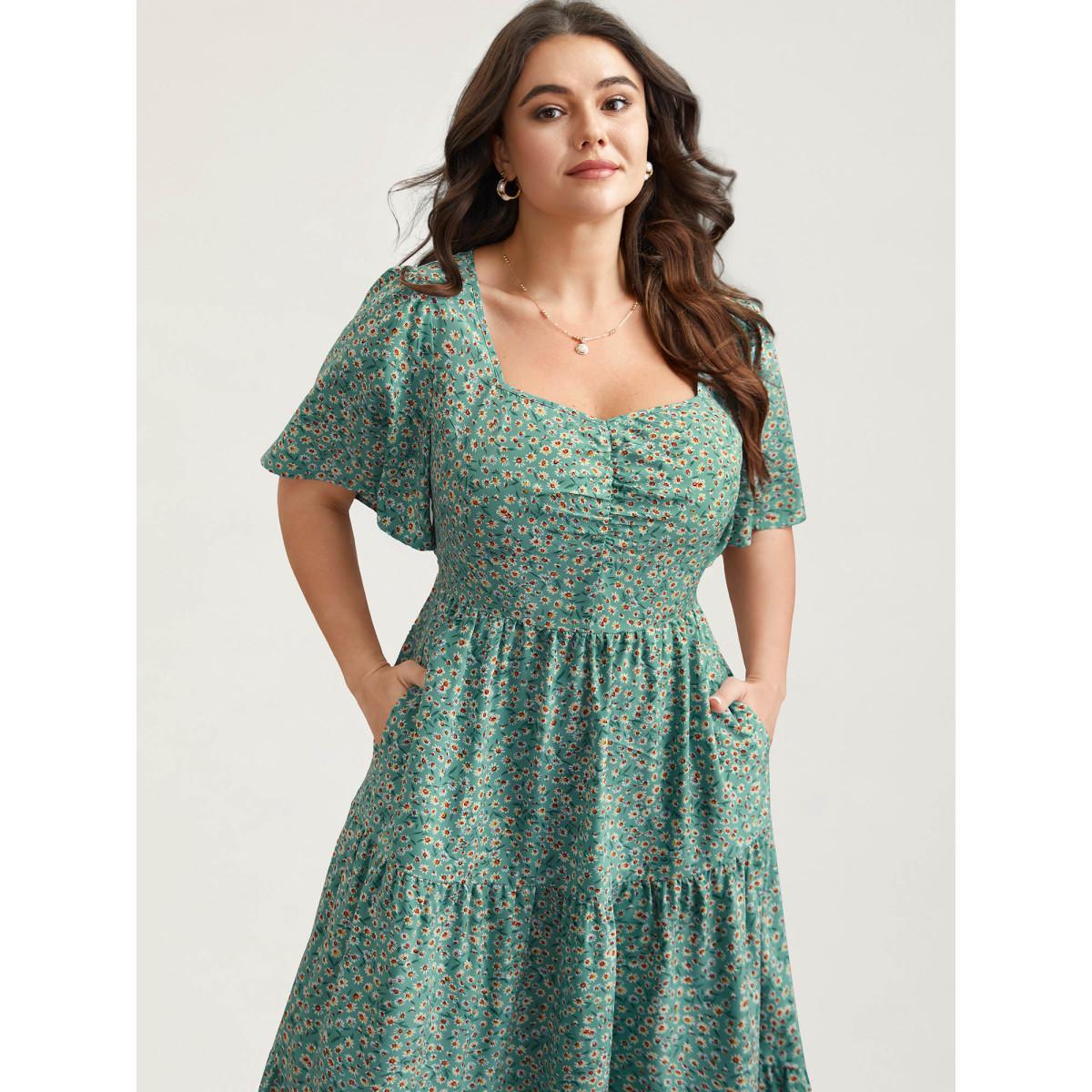 Plus Size Ditsy Floral Print Sweetheart Neckline Tiered Dress Sage Women Elegant Gathered Heart neckline Short sleeve Curvy BloomChic 18-20/2X Product Image
