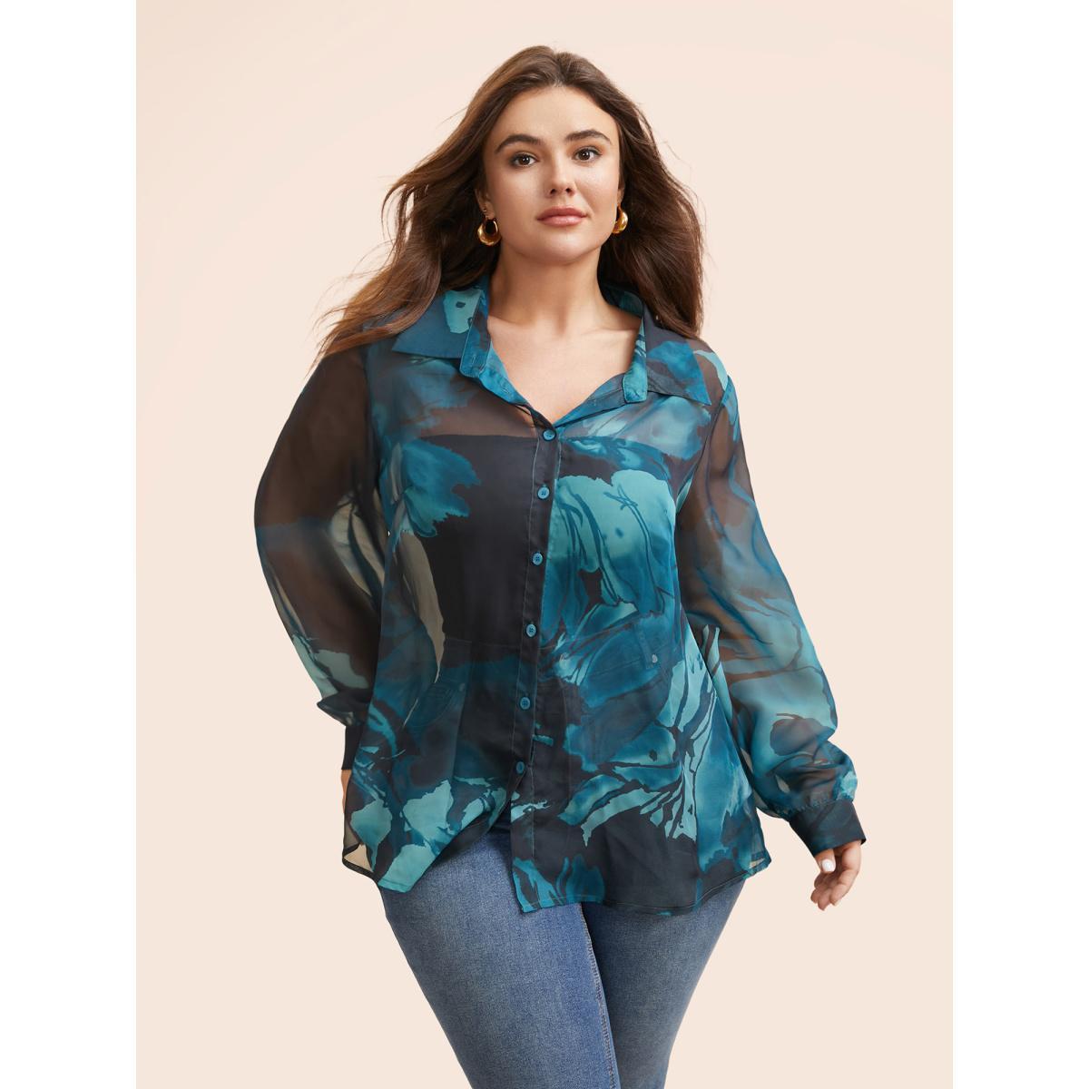Plus Size Teal Watercolor Floral Mesh Shirt Collar Blouse Women Elegant Long Sleeve Shirt collar Everyday Blouses BloomChic 18-20/2X Product Image
