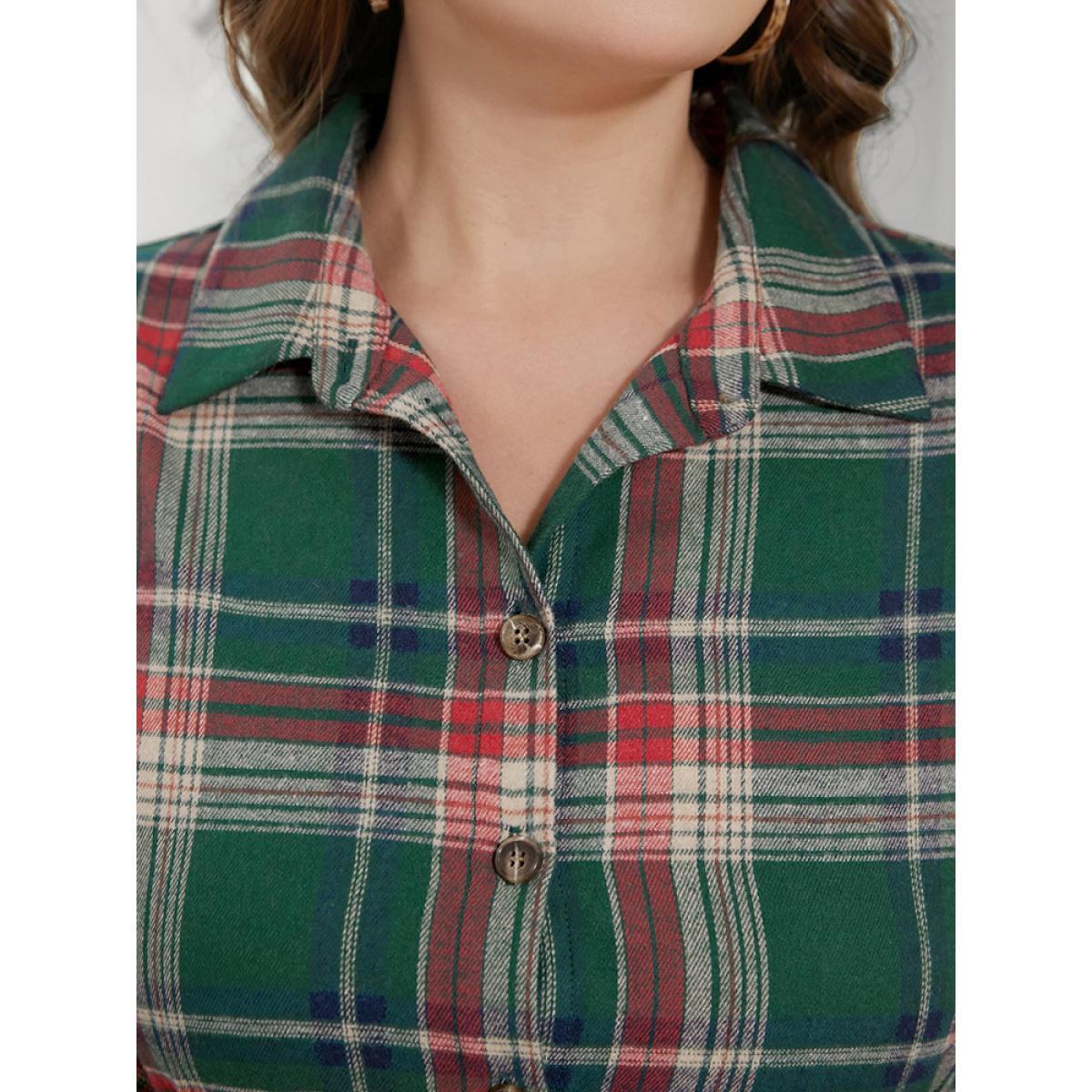 Plus Size DarkGreen Plaid Button Up Belted Blouse Women Casual Long Sleeve Shirt collar Festival-Christmas Blouses BloomChic 26/4X Product Image