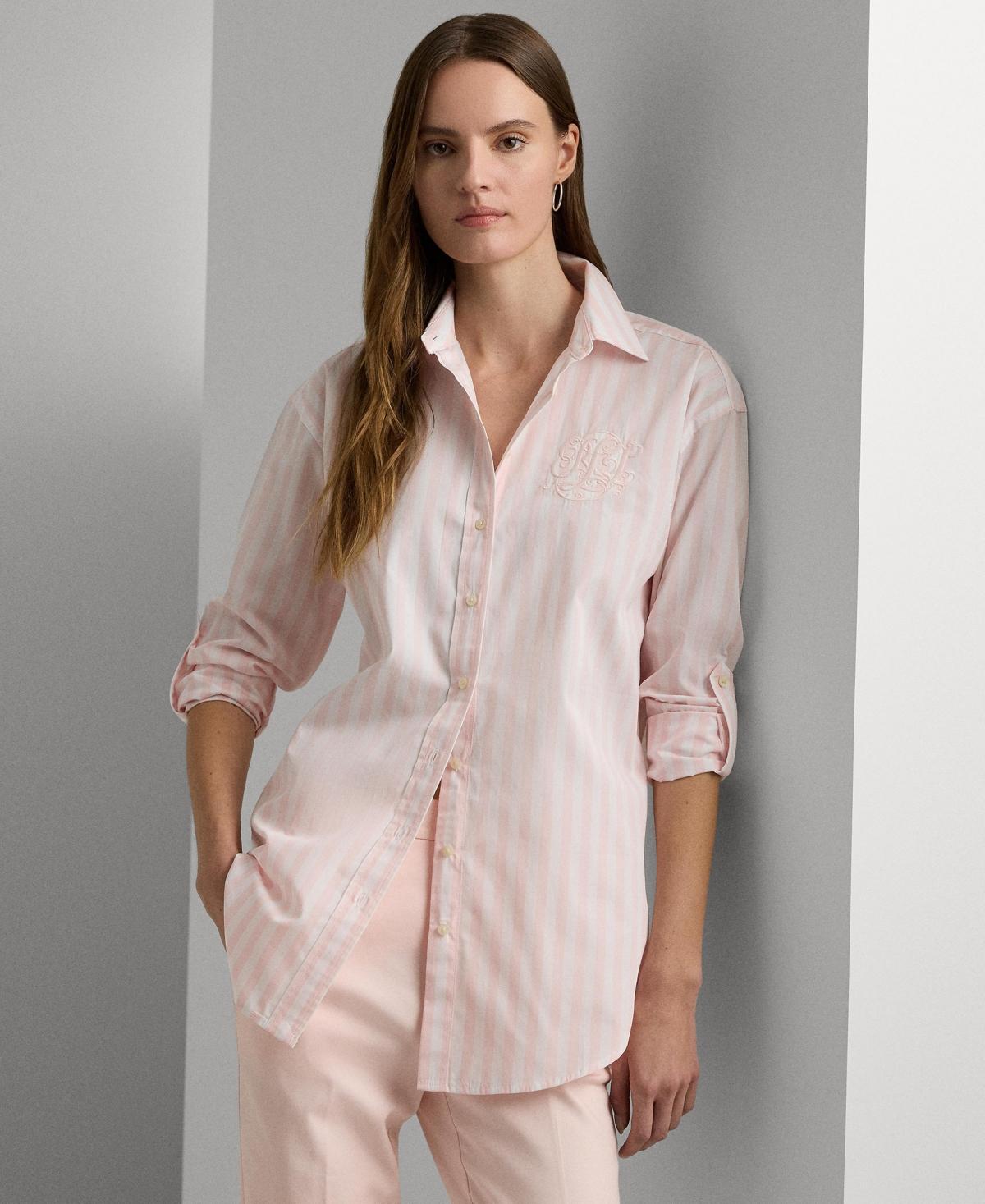 Lauren Ralph Lauren Oversize Striped Cotton Broadcloth Shirt (Primrose /White) Women's Clothing Product Image
