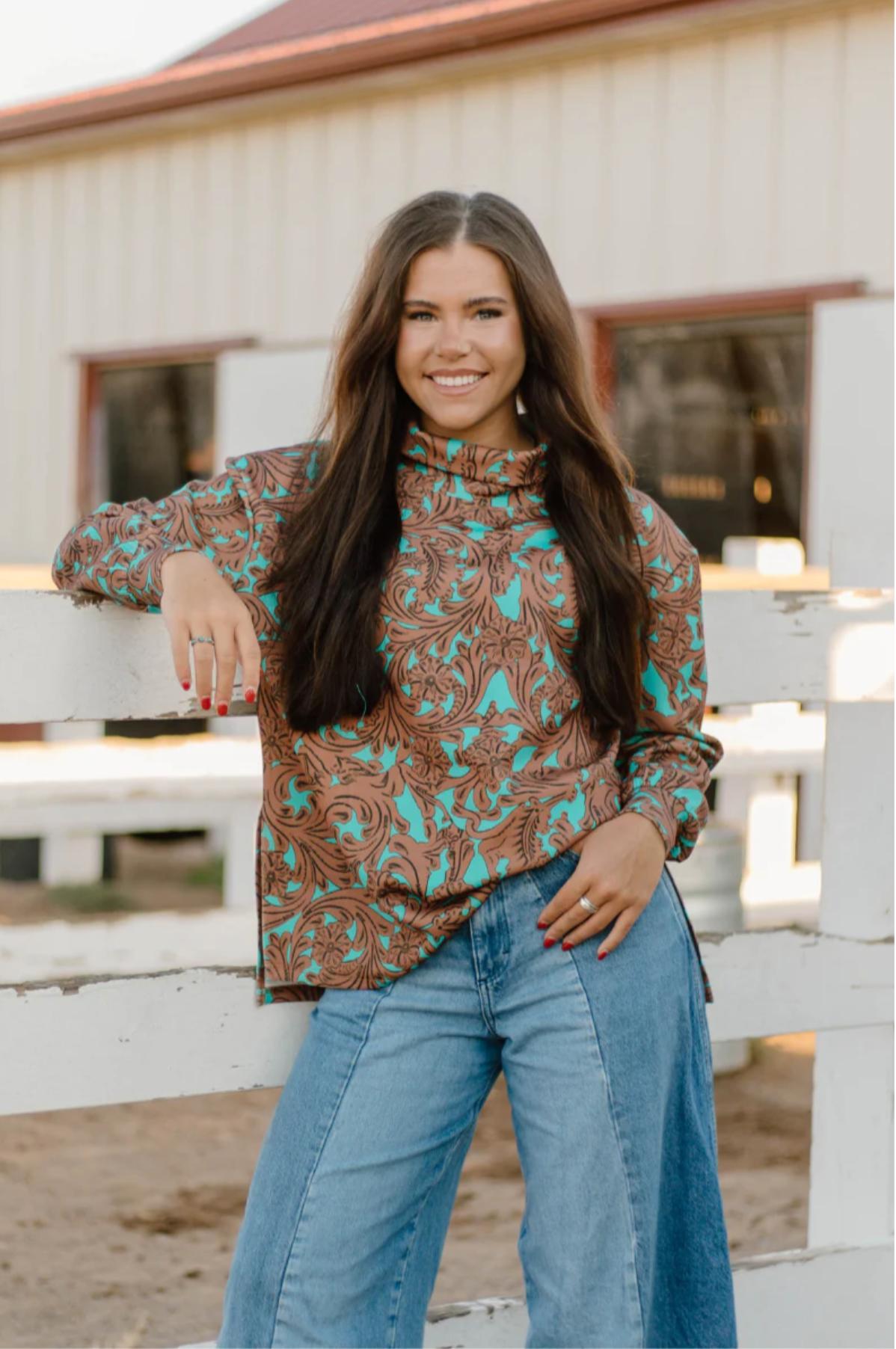 Sterling Kreek Turquoise Tooled Mock Neck Top Product Image