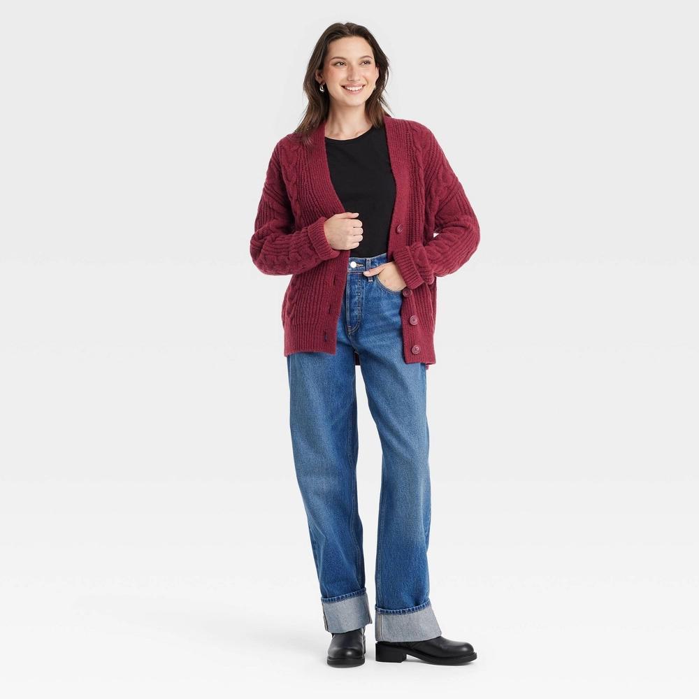 Womens Cozy Knit Cable Stitch Cardigan - Universal Thread Maroon M Product Image