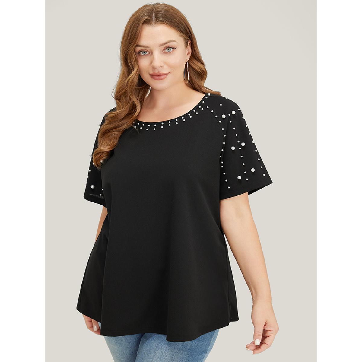 Plus Size Solid Raglan Sleeve Pearl Beaded T-shirt Black Women Elegant Beaded Plain Round Neck Dailywear T-shirts BloomChic 10/M Product Image