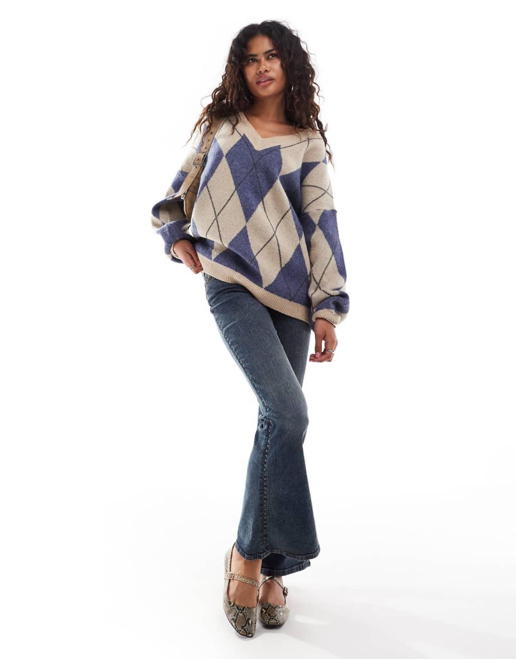 Emory Park oversized v-neck argyle sweater in blue  Product Image