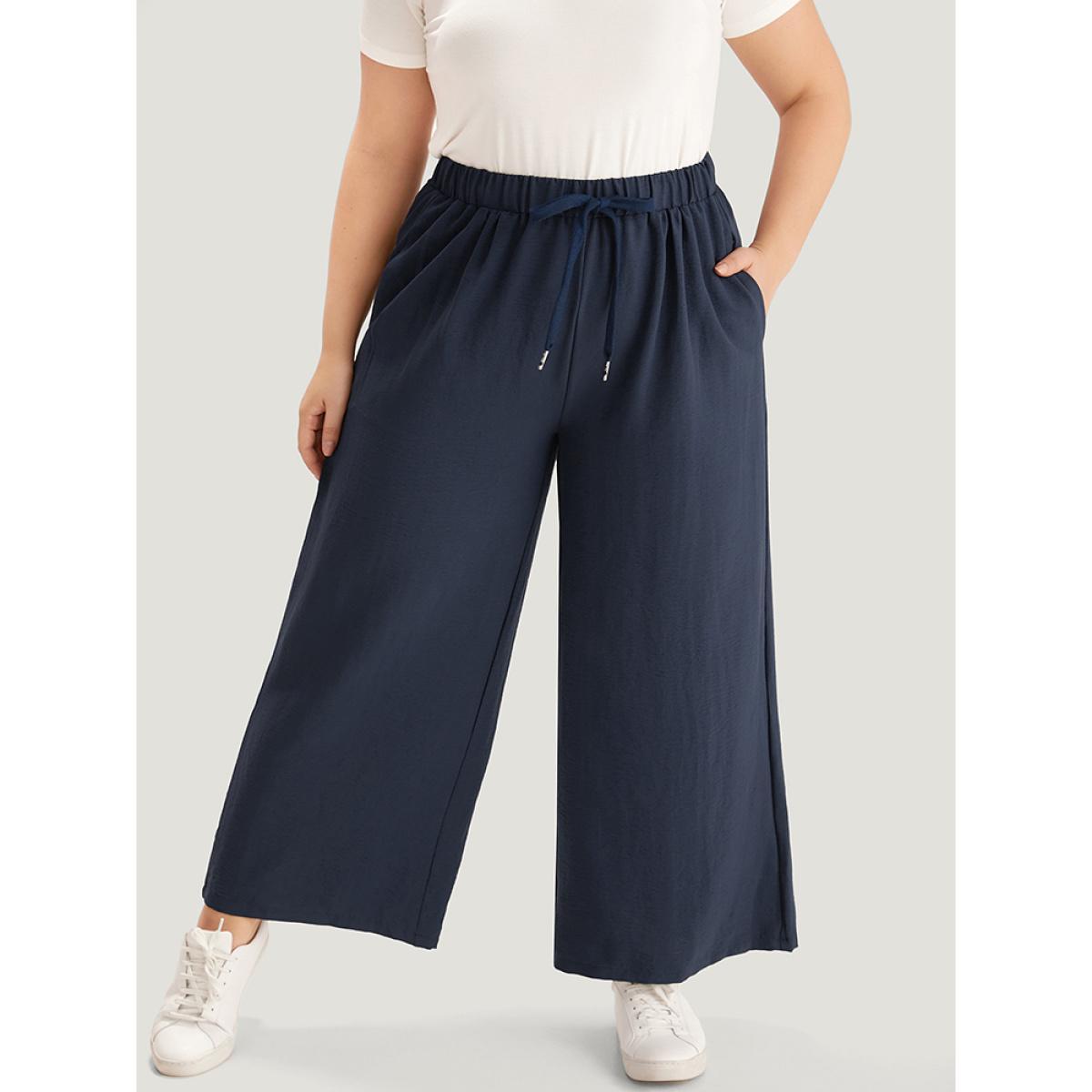 Plus Size Plain Drawstring Elastic Waist Gathered Pants Women Indigo Casual Straight Leg High Rise Dailywear Pants BloomChic 28/5X Product Image