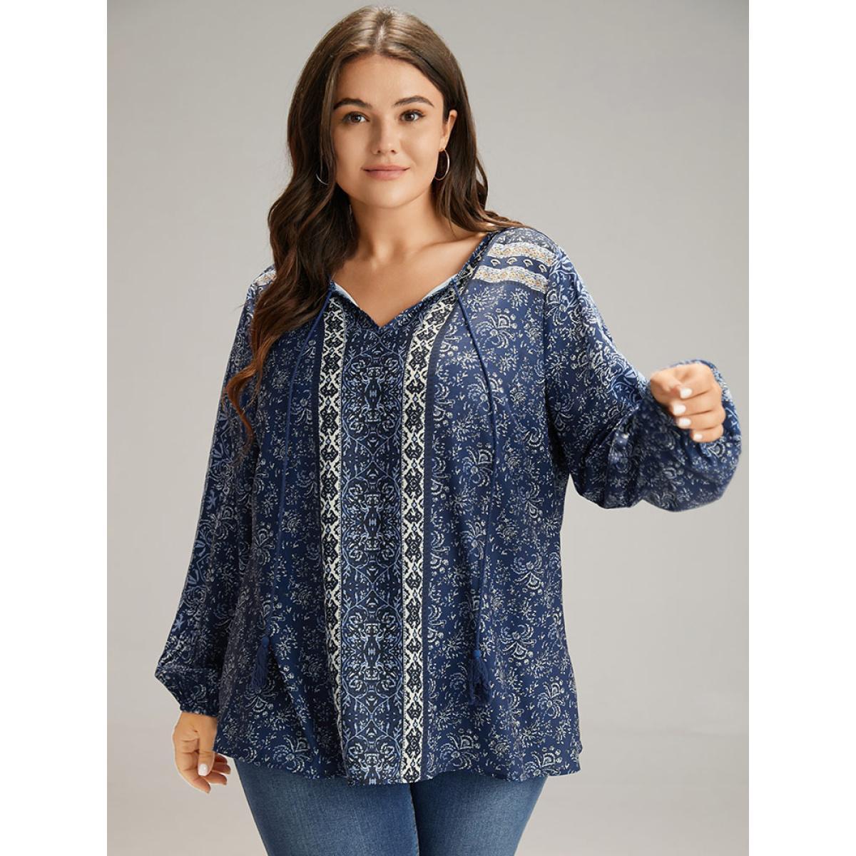 Plus Size Indigo Bandana Print Tassels Ties Blouse Women Vacation Long Sleeve Tie Neck Dailywear Blouses BloomChic 14-16/1X Product Image