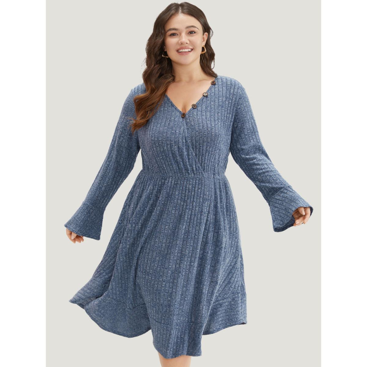 Plus Size Rib Knit Button Detail Pocket Bell Sleeve Dress Indigo Women Casual Texture V-neck Long Sleeve Curvy Midi Dress BloomChic 26/4X Product Image