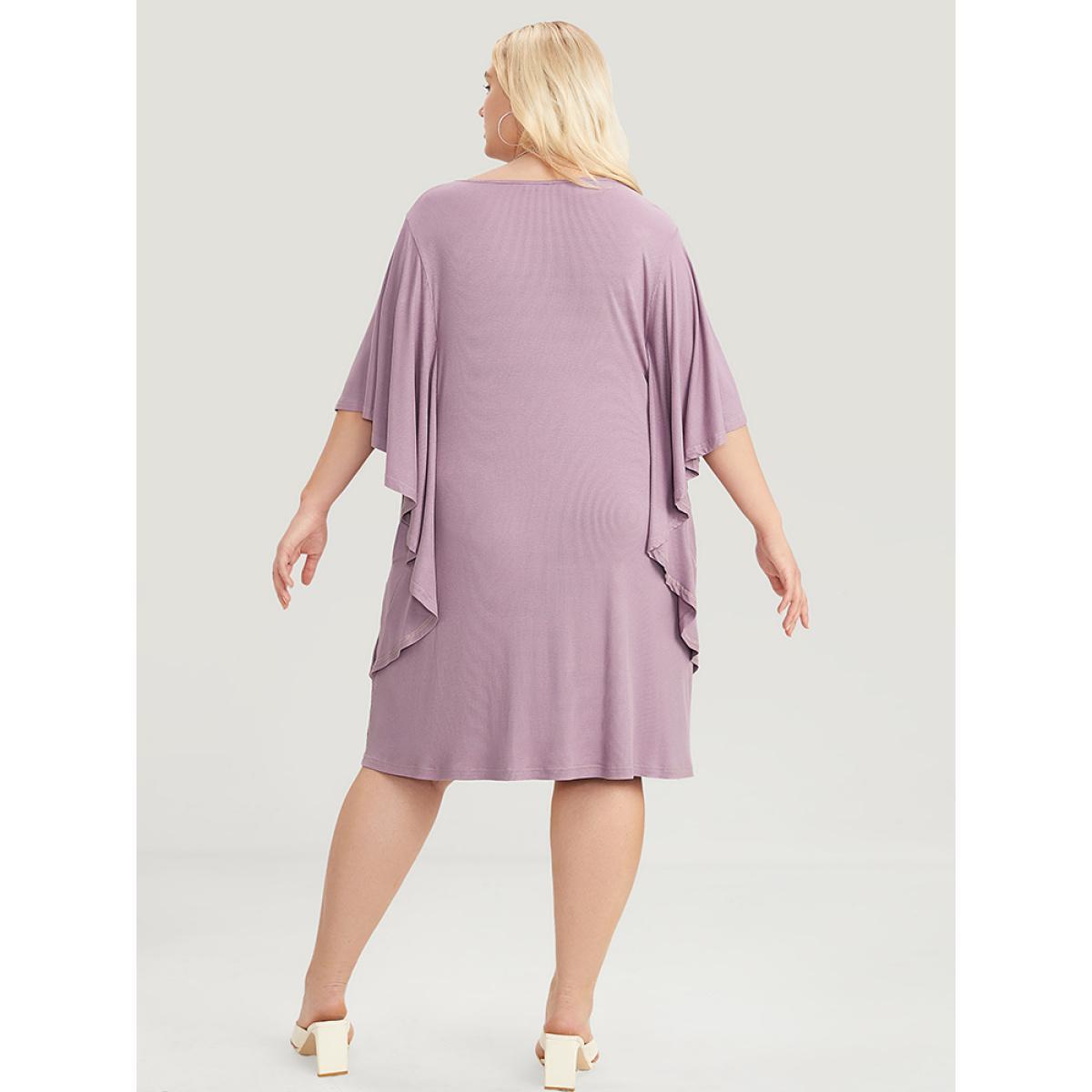 Plus Size Solid Dolman Sleeve Ruffle Trim Pocket Rib Knit Knee Dress Mauve Women Casual Pocket V-neck Half Sleeve Curvy Knee Dress BloomChic 28/5X Product Image
