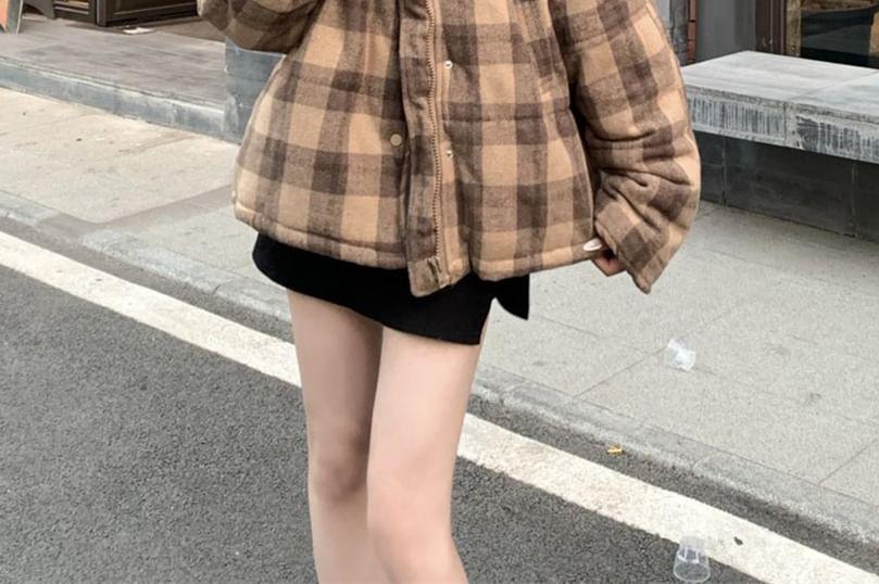 Stand Collar Plaid Padded Zip Jacket Product Image