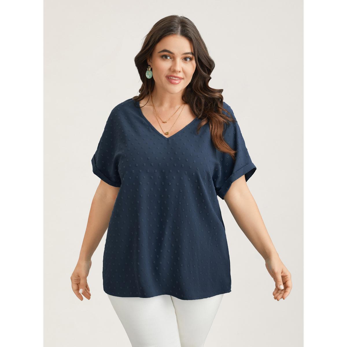 Plus Size Indigo Back-Button Textured V-Neck Shirt Women Elegant Short sleeve V-neck Everyday Blouses BloomChic 12/L Product Image