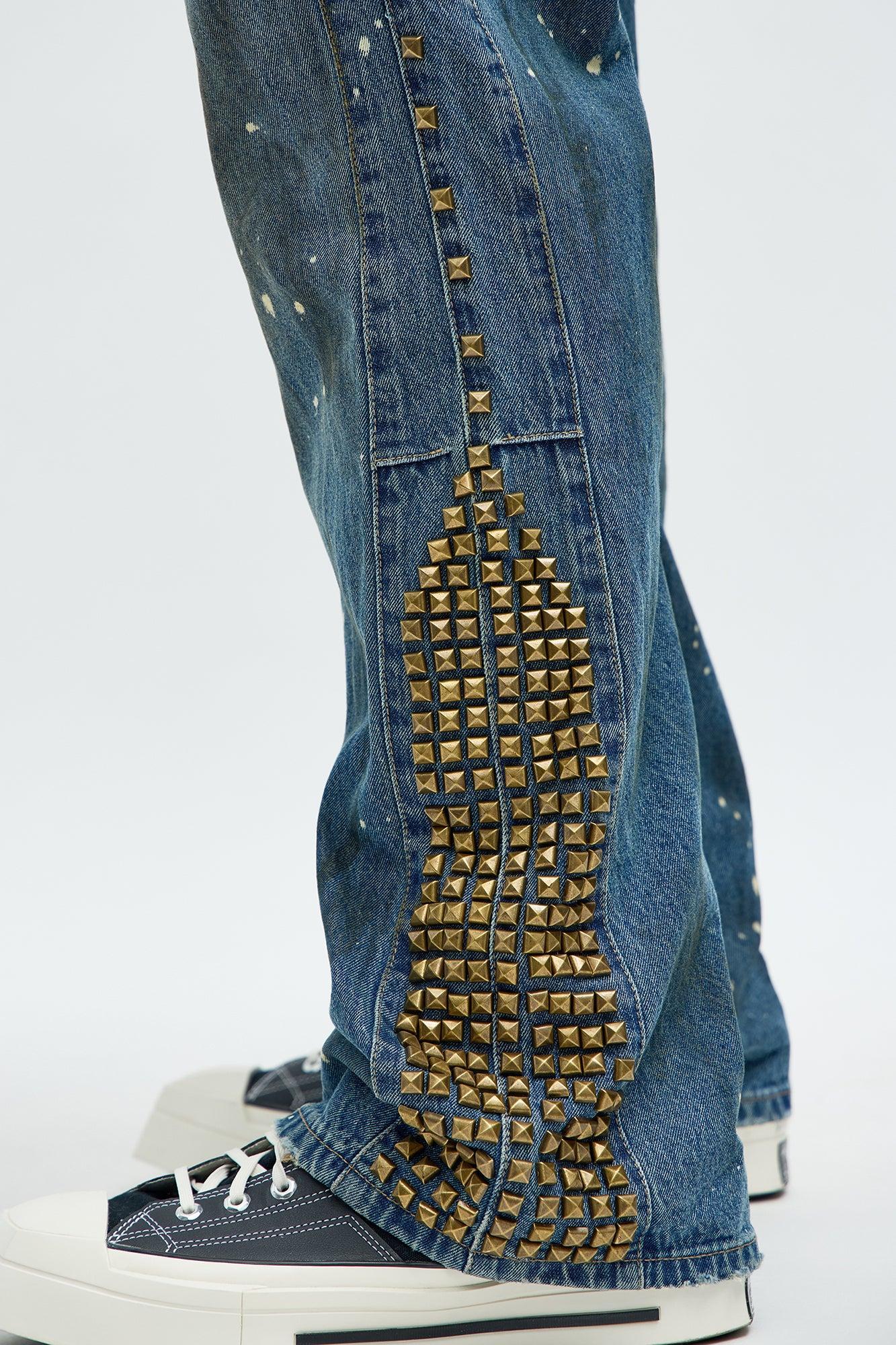 Slim Flare Put Me On Distressed Studded Jeans - Medium Blue Wash Product Image