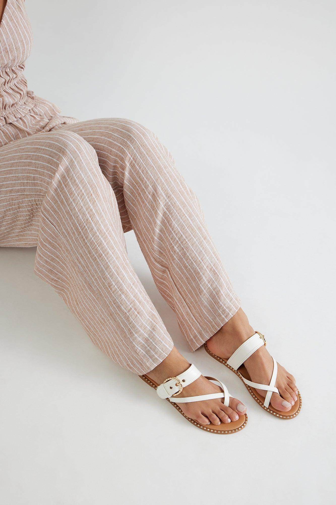 Mick Buckle Studded Flip Flops - White Product Image