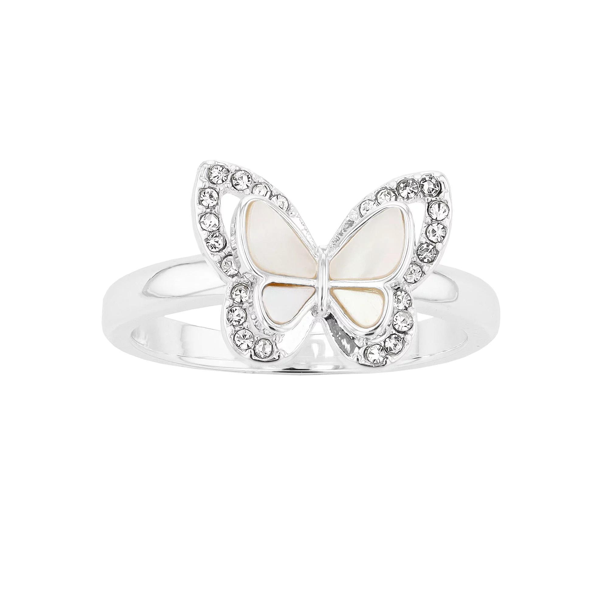 City Luxe Silver Tone Mother-of-Pearl & Crystal Butterfly Ring, Women's, Size: 8 Product Image