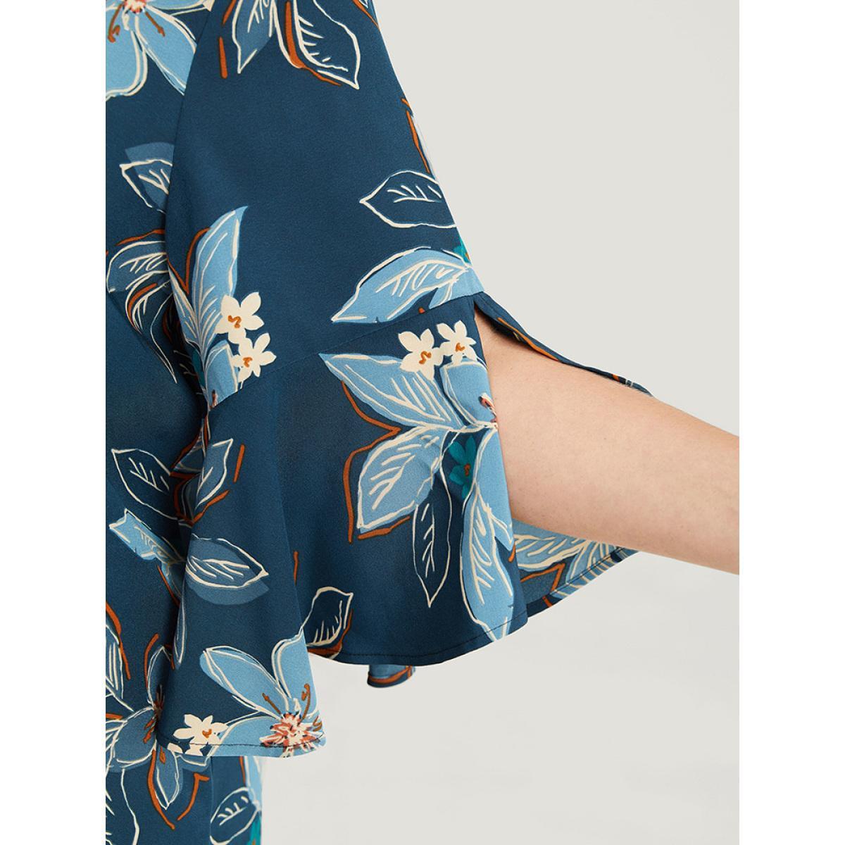 Plus Size Aegean Floral Print Keyhole Neck Split Bell Sleeve Blouse Women Elegant Elbow-length sleeve Round Neck Dailywear Blouses BloomChic 10/M Product Image