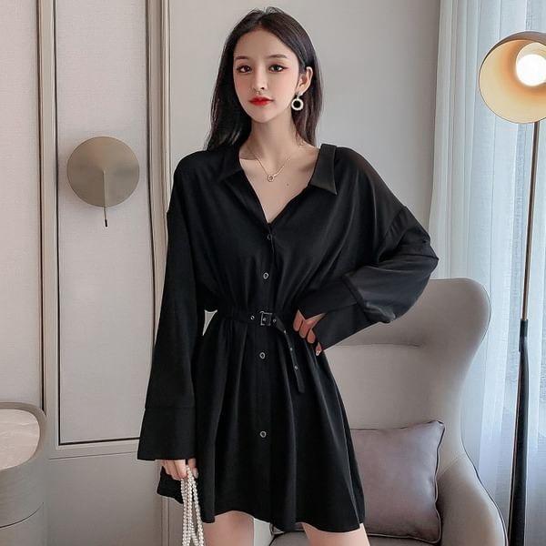 Long-Sleeve V-Neck Plain Mini A-Line Shirt Dress Product Image