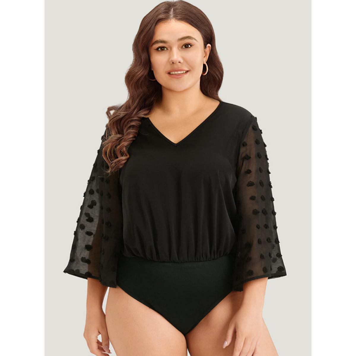 Plus Size Polka Dot Patchwork Mesh Bell Sleeve Bodysuit Women Black Plain See through Bodysuits BloomChic 10/M Product Image