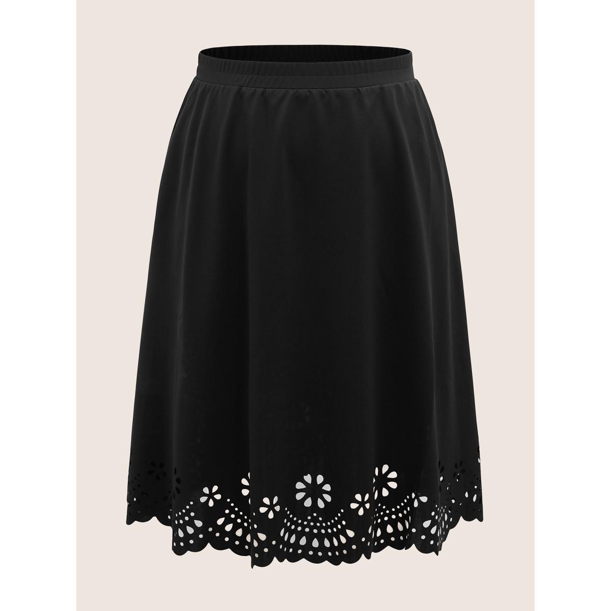 Plus Size Laser Cut Elastic Waist Pocket Skirt Women Black Formal Cut-Out Medium stretch Side seam pocket Party Skirts BloomChic 30/6X Product Image
