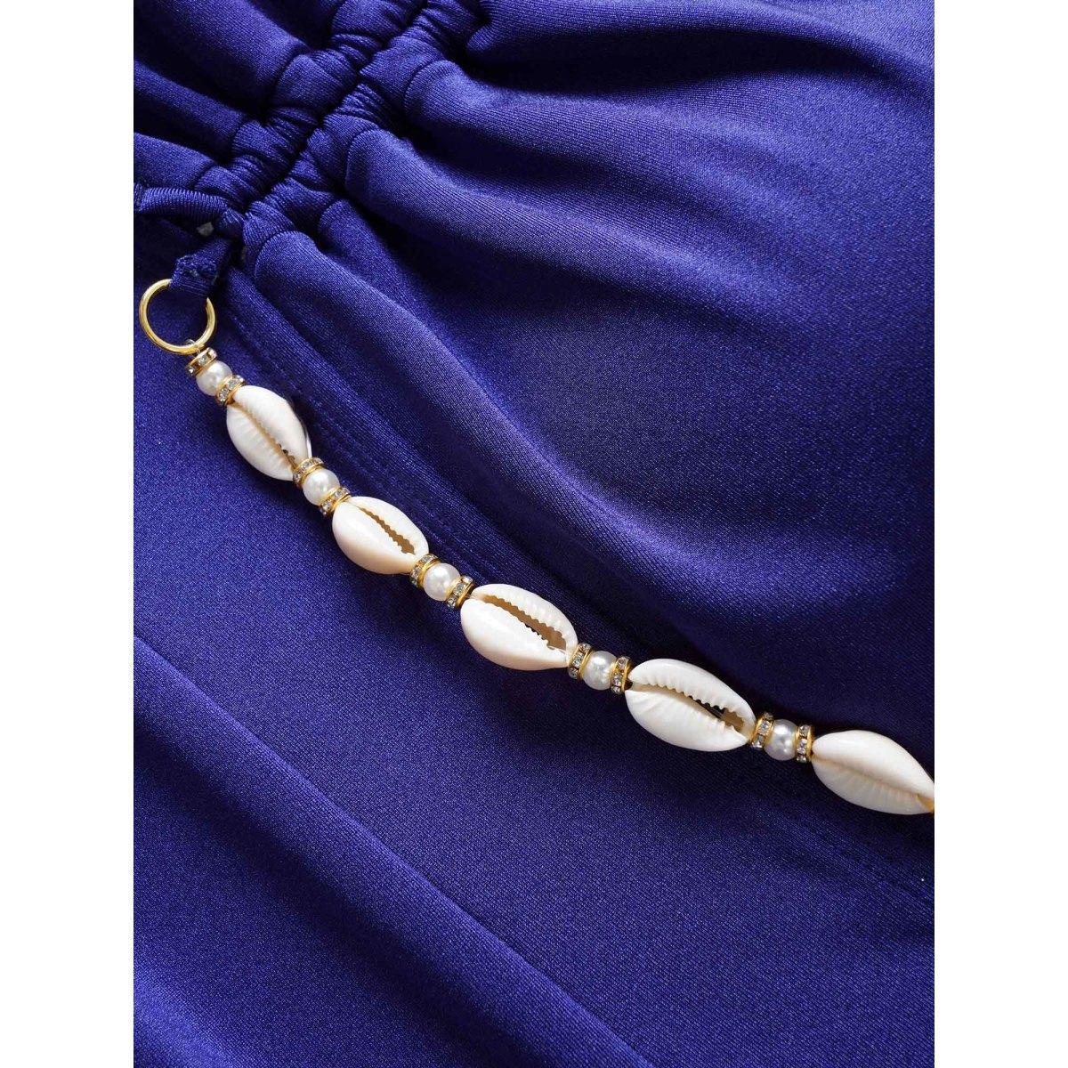 Plus Size Plain Shell Detail Gathered One Piece Swimsuit Women's Swimwear Indigo Beach Wraparound straps Curve Bathing Suits High stretch One Pieces BloomChic 18-20/2X Product Image
