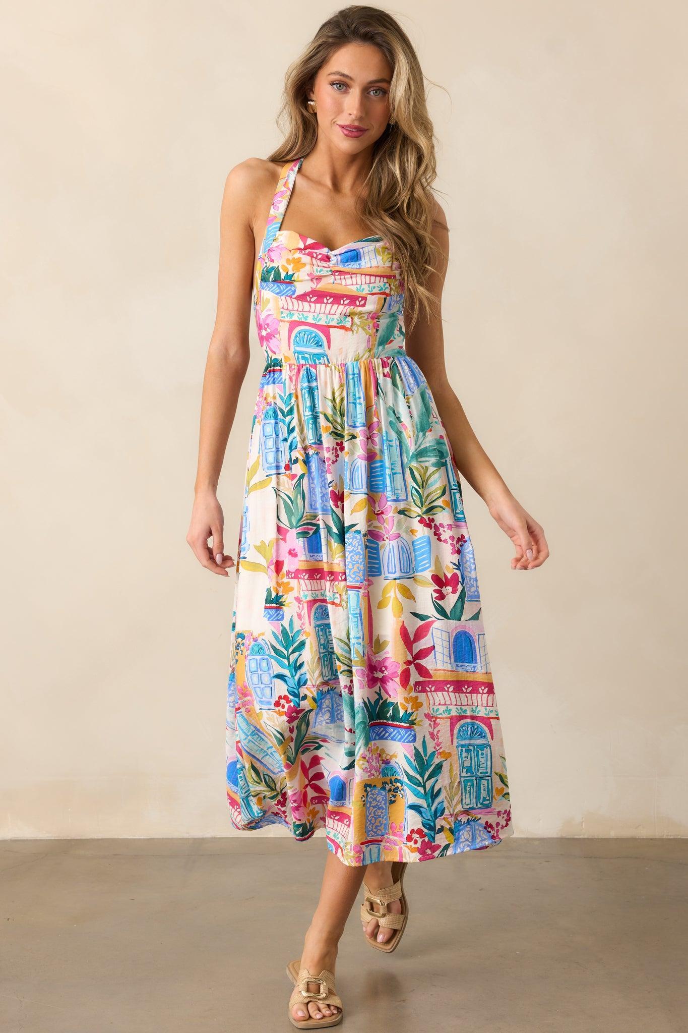 Seaside Brunch Blue Multi Tropical Print Maxi Dress Product Image