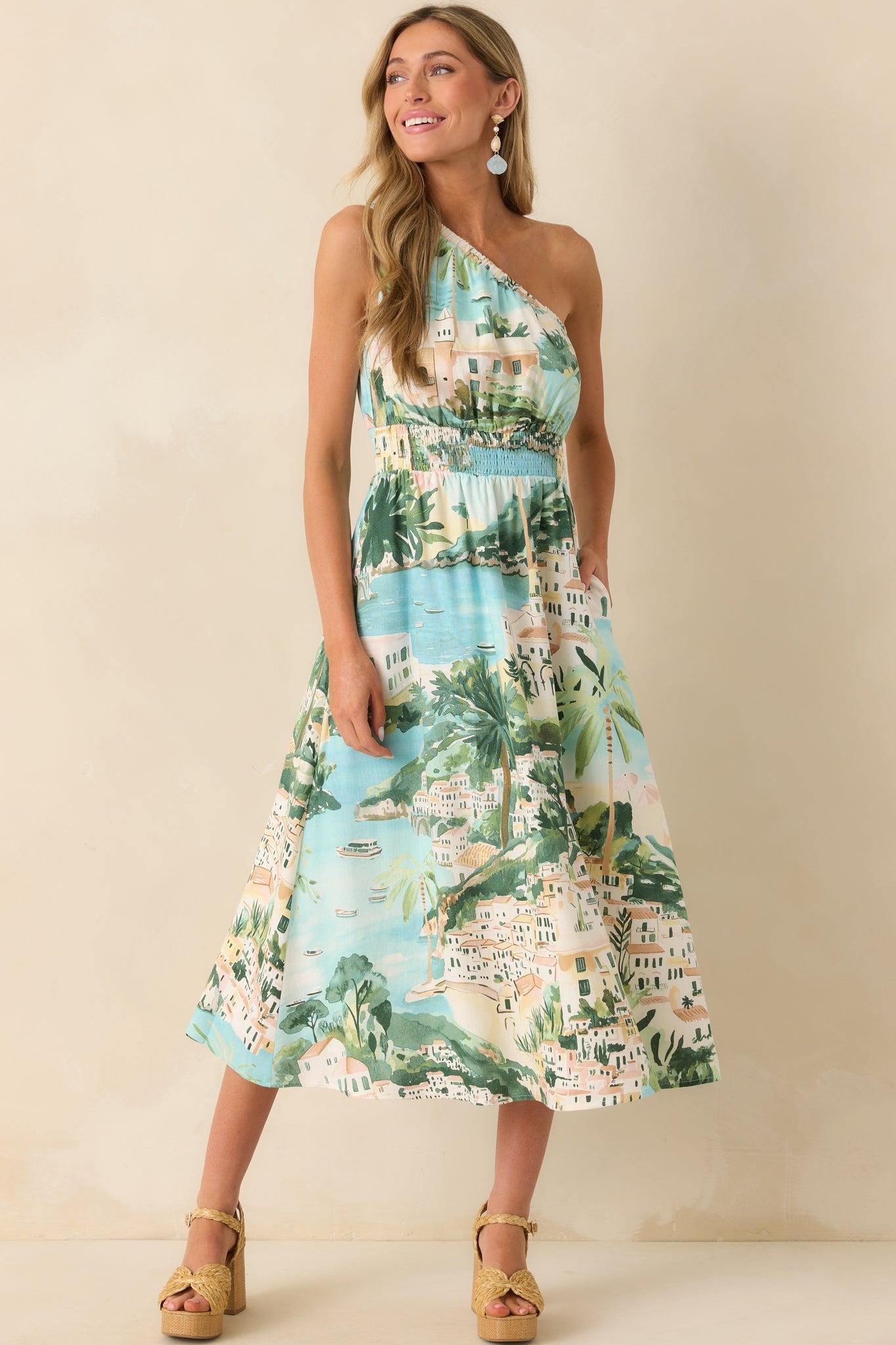 Made My Day Blue Multi Shoreline Print One Shoulder Midi Dress Product Image