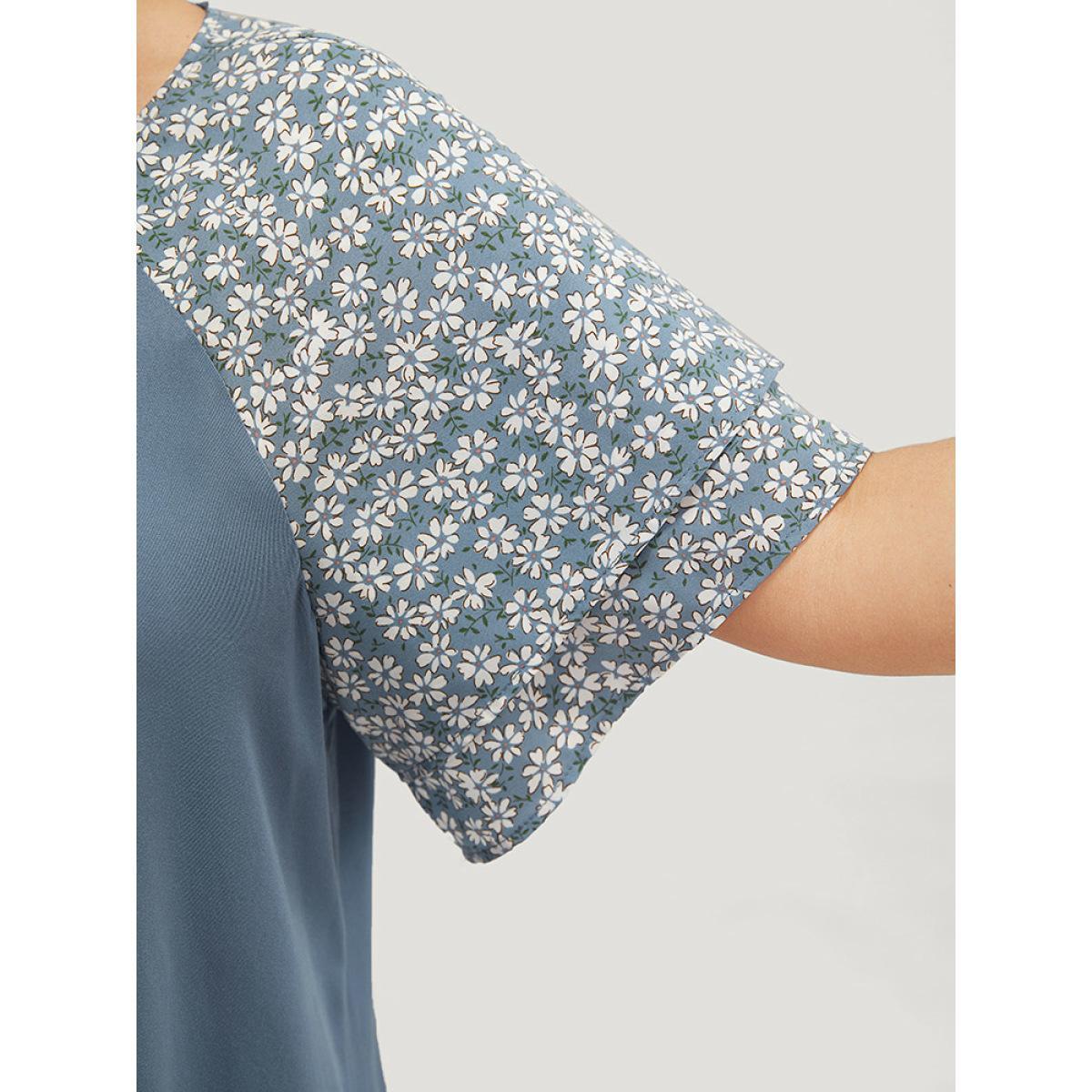 Plus Size Stone Ditsy Floral Raglan Sleeve Ruffle Tiered Lace Up Blouse Women Elegant Short sleeve Tie Neck Dailywear Blouses BloomChic 12/L Product Image