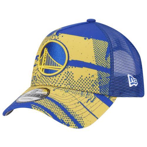 Men's New Era Royal/Gold Golden State Warriors Tip Off A-Frame Trucker 9FORTY Adjustable Hat, Blue Product Image