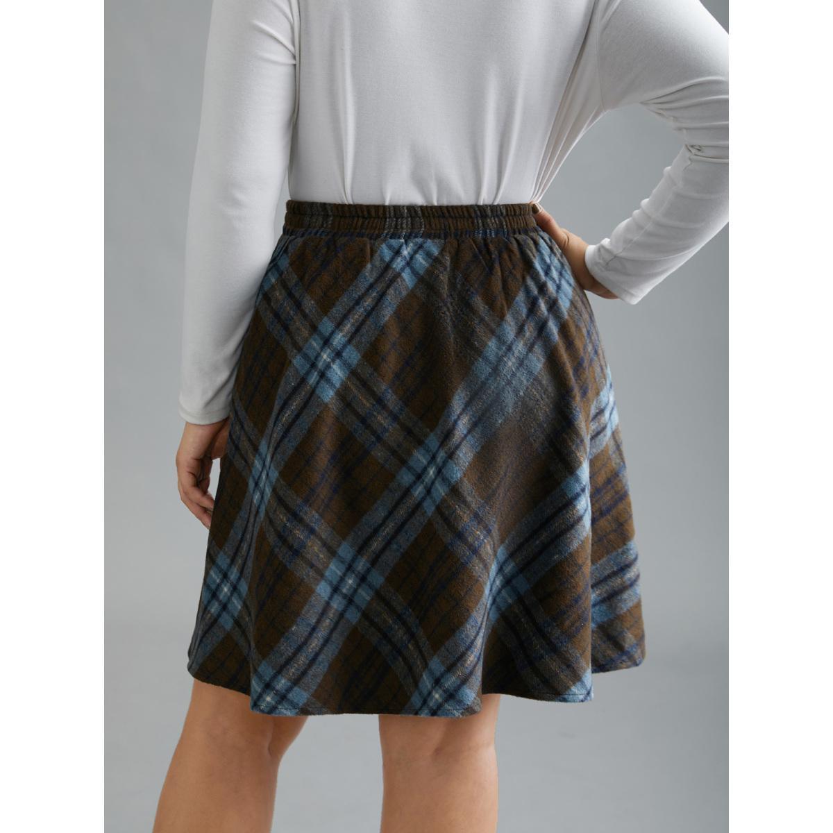 Plus Size Plaid Pattern Elastic Waist A-line Mini Skirt Women Stone Elegant Low stretch Slanted pocket Everyday Skirts BloomChic 30/6X Product Image