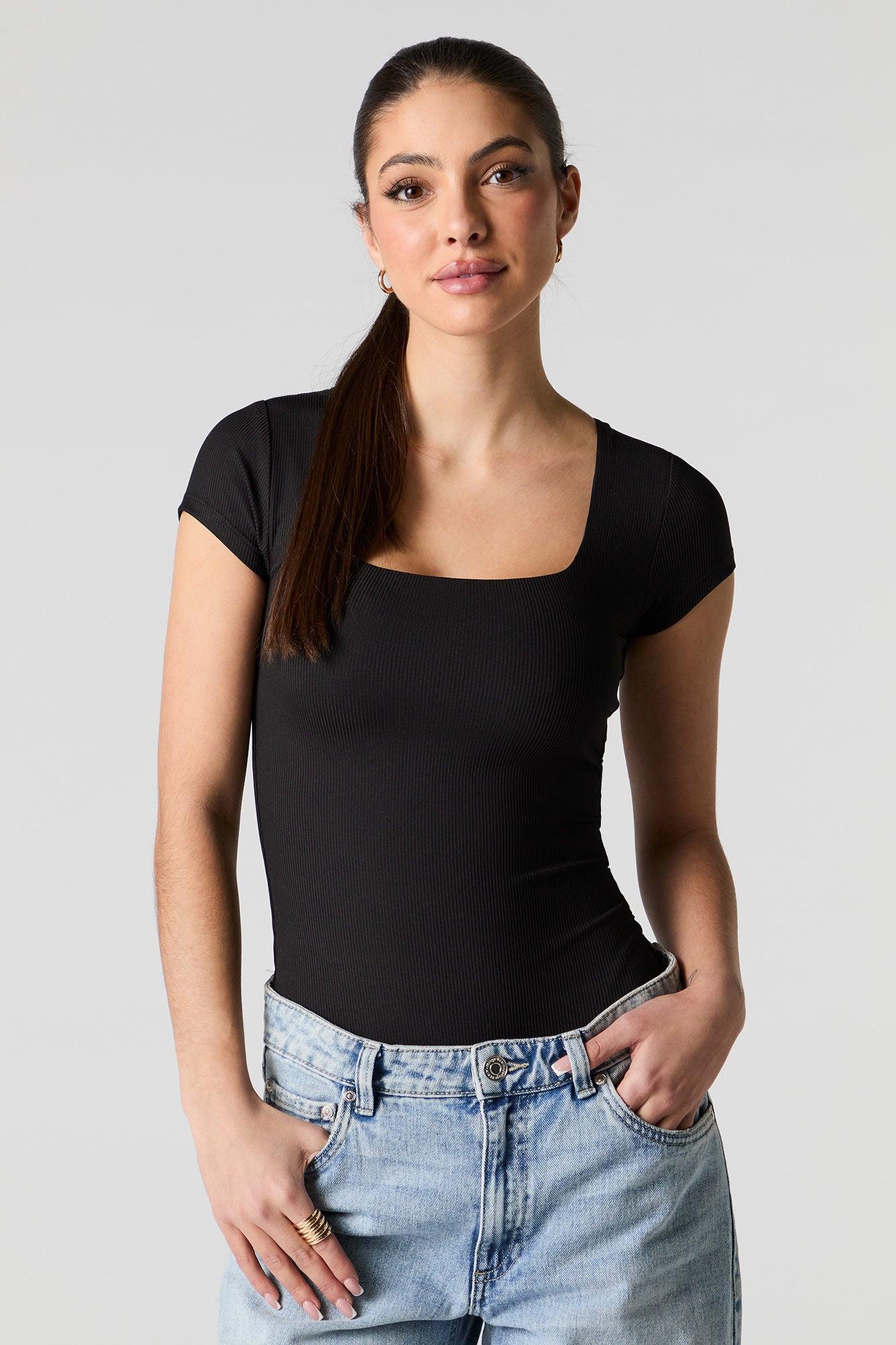 Ribbed Square Neck Short Sleeve Bodysuit Female Product Image