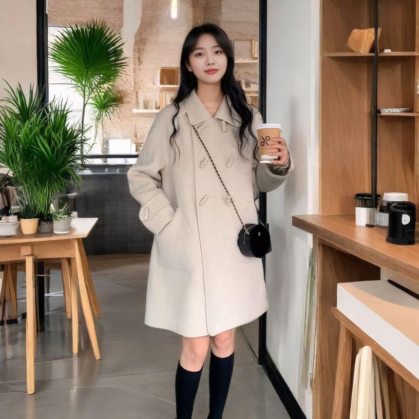 Collared Plain Double Breasted Coat Product Image