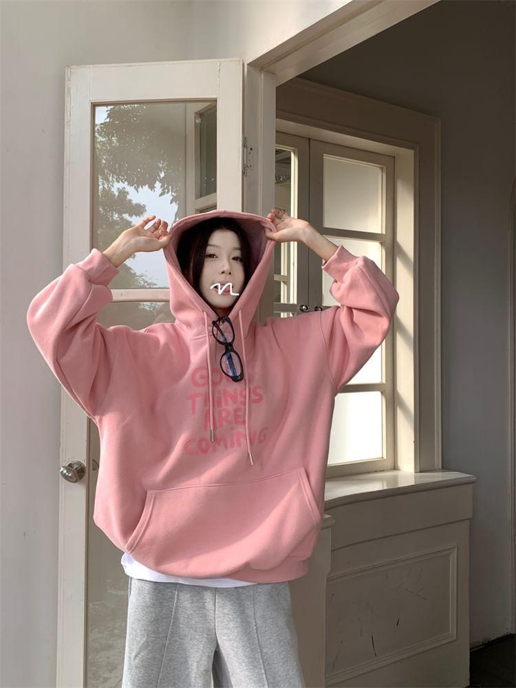 Lettering Print Drawstring Hoodie / High Waist Plain Velvet Maxi A-Line Skirt Product Image