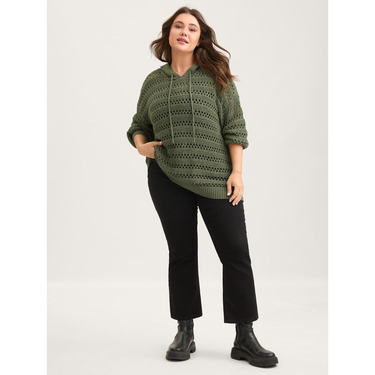 Plus Size Cut-Out Textured Drop Shoulder Pullover Moss Women Loose Long Sleeve Hooded Everyday-Casual Pullovers BloomChic 14-16/1X Product Image