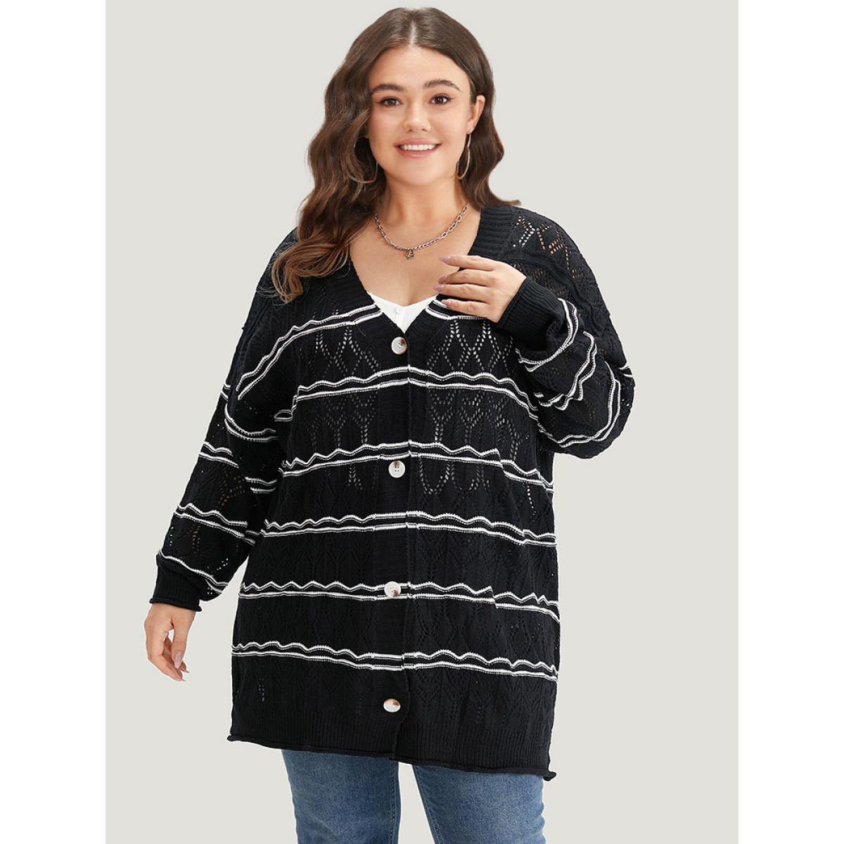 Plus Size Striped Geometric Button Through Cardigan Black Women Casual Loose Long Sleeve Dailywear Cardigans BloomChic 22-24/3X Product Image