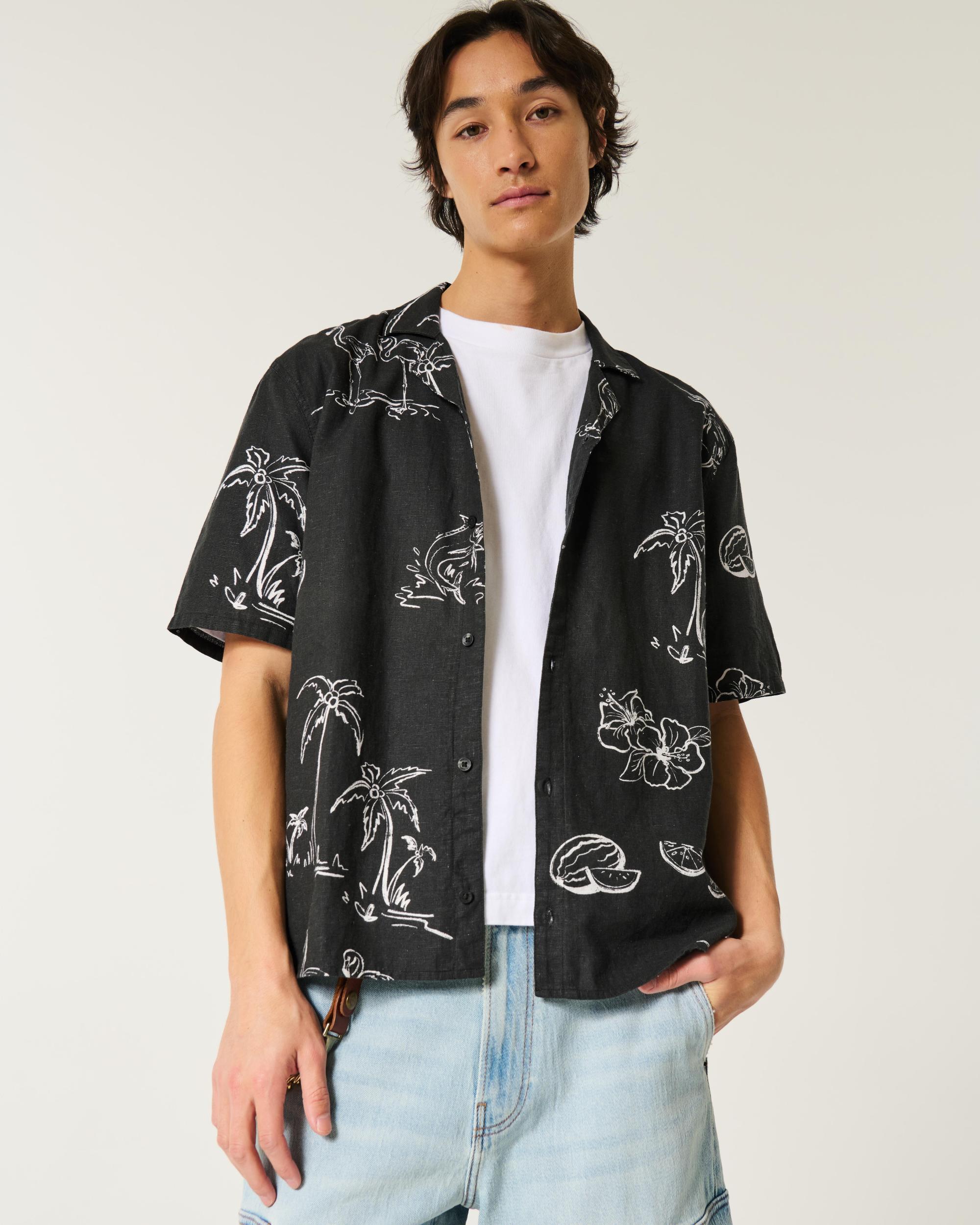 Boxy Short-Sleeve Linen-Blend Shirt Product Image