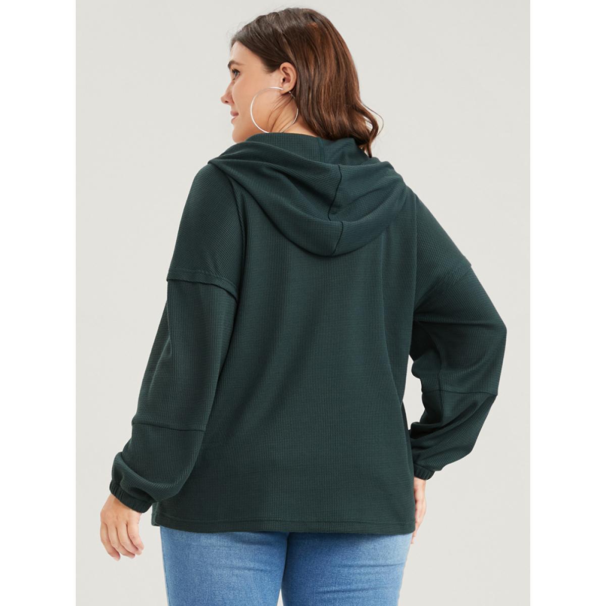 Plus Size Solid Pocket Button Drawstring Waffle Knit Hooded Sweatshirt Women Green Casual Drawstring Loose Hooded Dailywear Sweatshirts BloomChic 28/5X Product Image