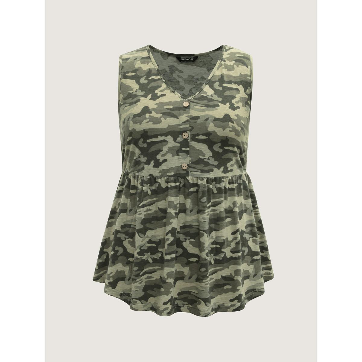 Plus Size Camouflage Print Cinched-Waist Tank Top Women Multicolor Gathered V-neck Everyday-Casual Tank Tops Camis BloomChic 12/L Product Image