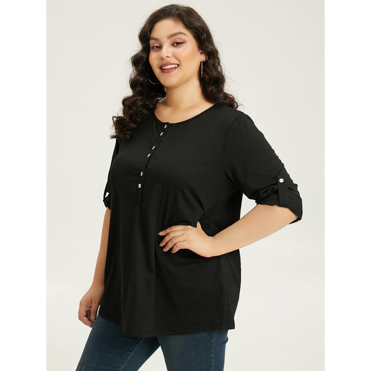 Plus Size Plain Button Up Tab Sleeve T-shirt Black Women Casual Plain Plain Round Neck Dailywear T-shirts BloomChic 30/6X Product Image