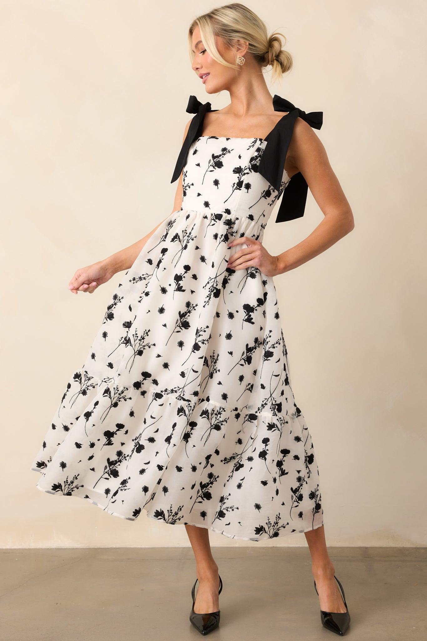 Right On Time Black Floral Embroidered Midi Dress Product Image